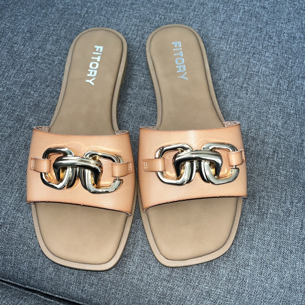 FITORY Nude Soft Leather Flat Sandals Summer Fashion Slides Chain Women's Size 8
